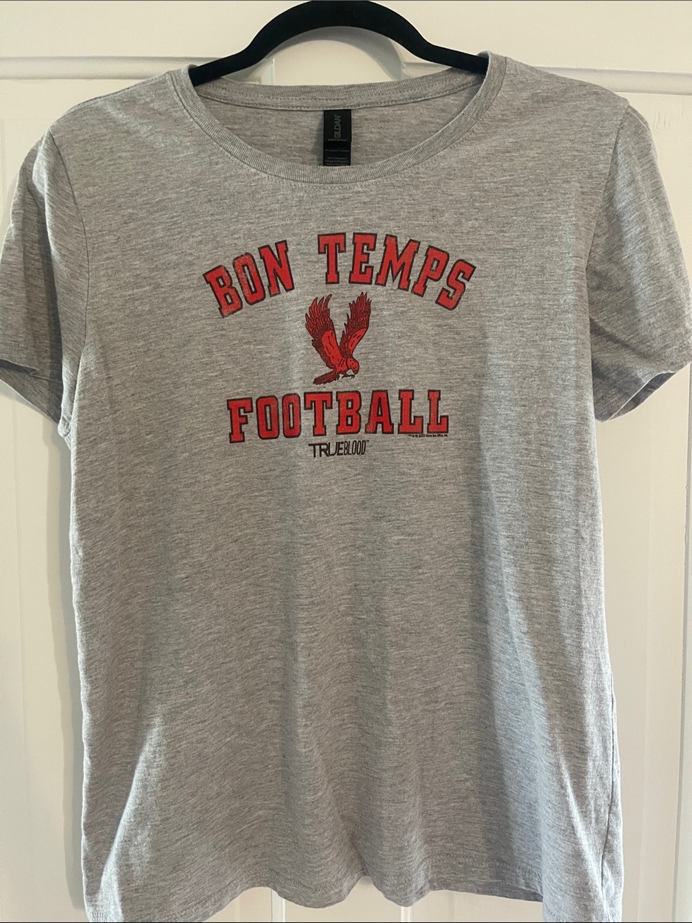 Gildan Gray Tee with Red "Bon Temps Football" Graphic medium